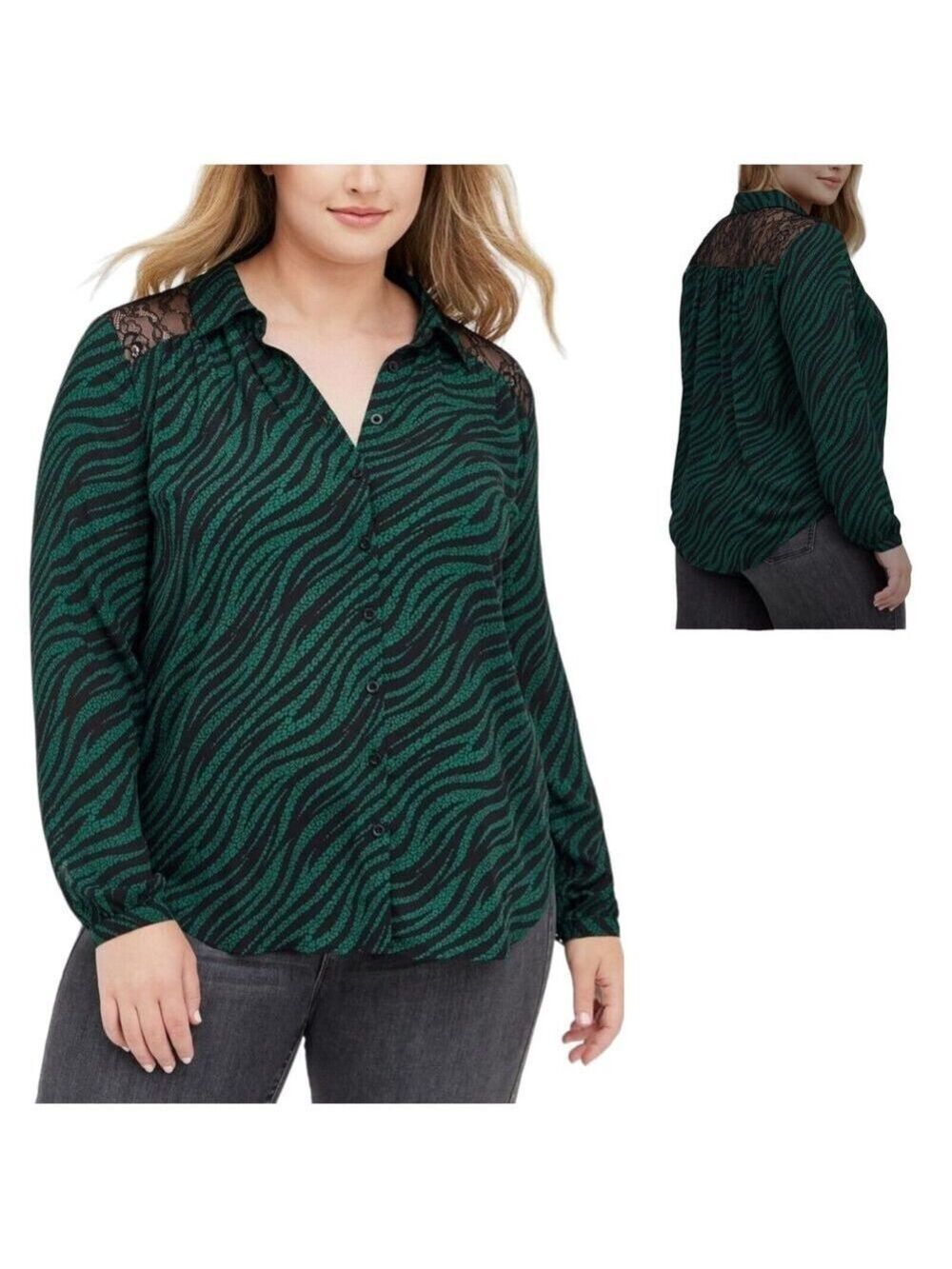Torrid Georgette Lace Trim Drop Leopard Green Long Sleeve Blouse Size 3X (22-24)